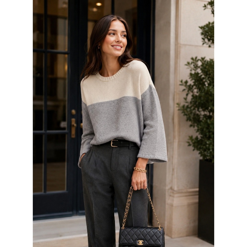 EILEEN FISHER Cashmere Wool Colorblock Sweater Boxy Fit Knitwear Knit Medium